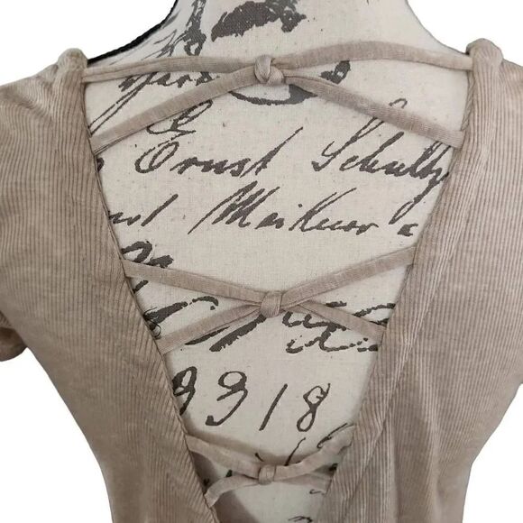 Chaser Ladies Beige Soft Ribbed Top with Lace up Back - Size Medium - Picture 6 of 7